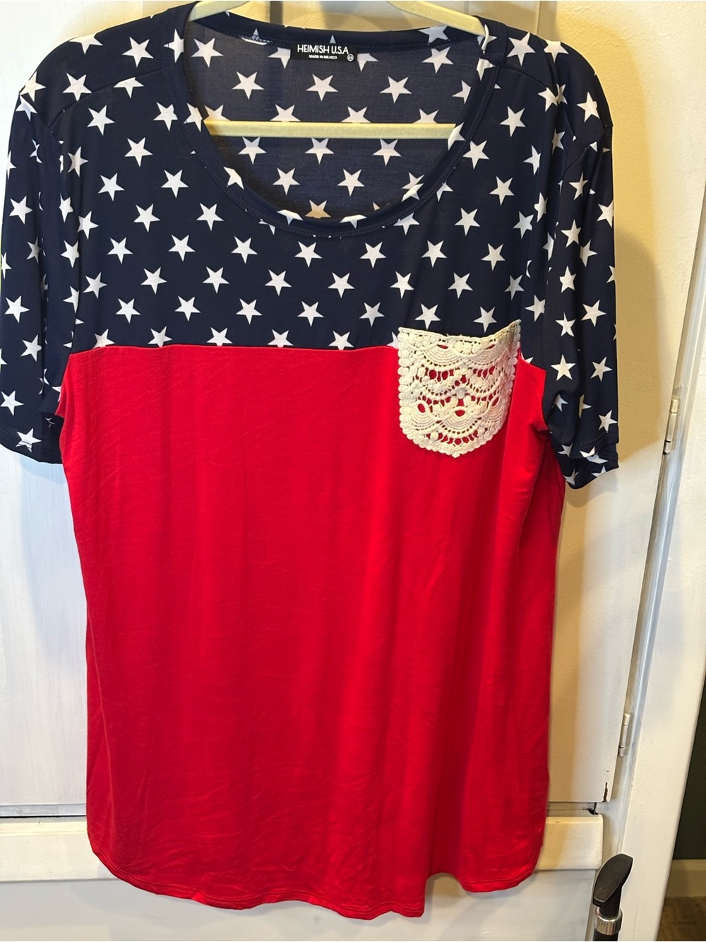 HEIMISH USA Red & Navy Star Yoke Crochet Pocket Tee